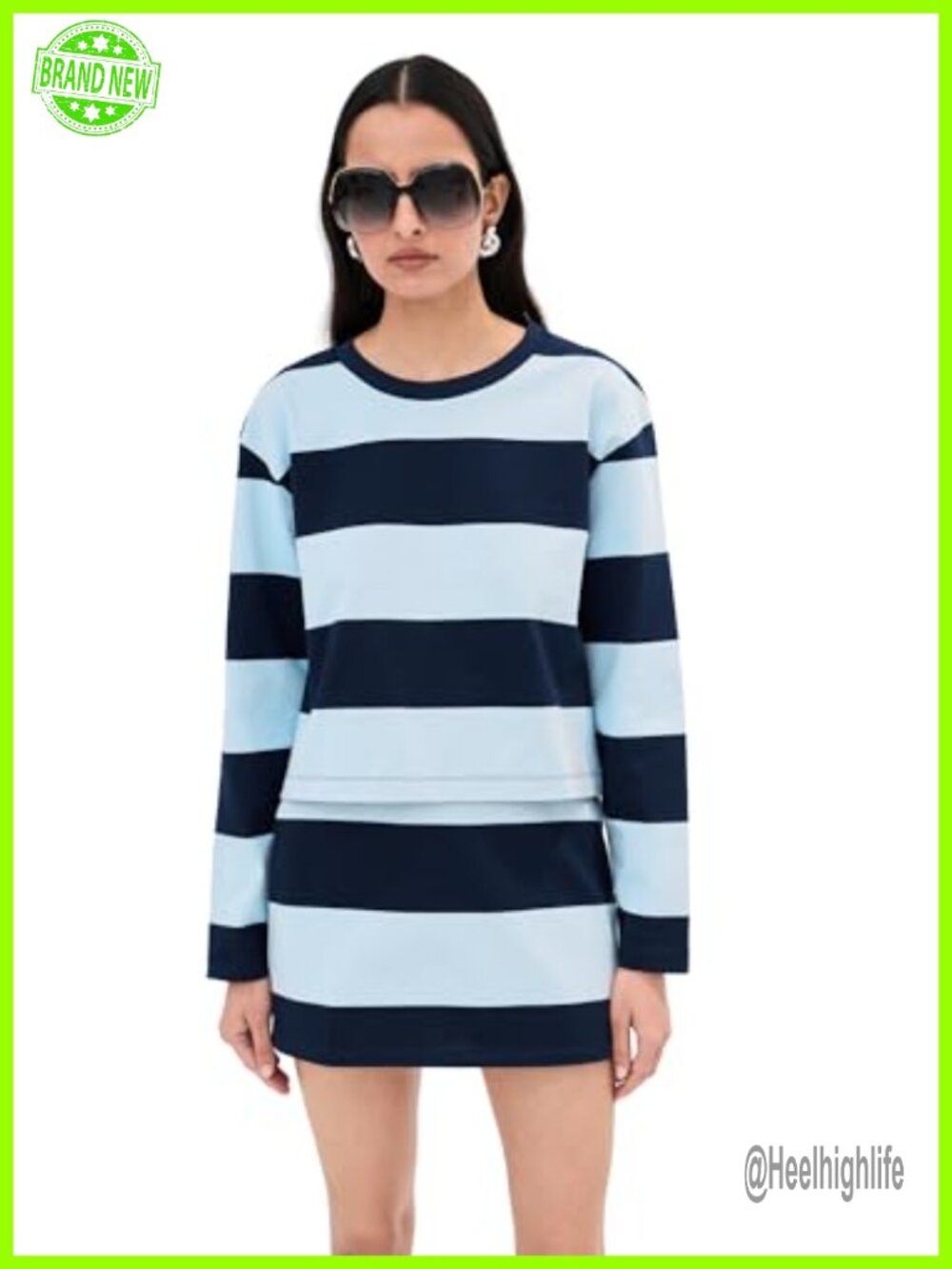 Stripe Mid-Weight Stretch Jersey Crop Top Long Sleeve Crew Neck